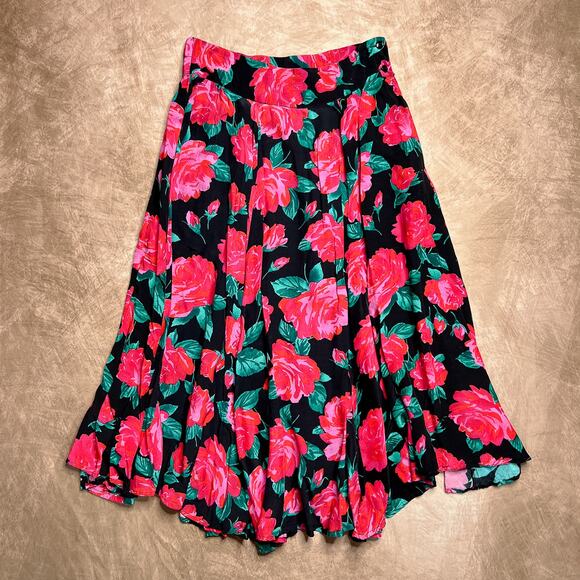 Vintage 80s Gottex Floral Print Maxi Skirt Handkerchief Hem Pleated Whimsigoth - Picture 1 of 6